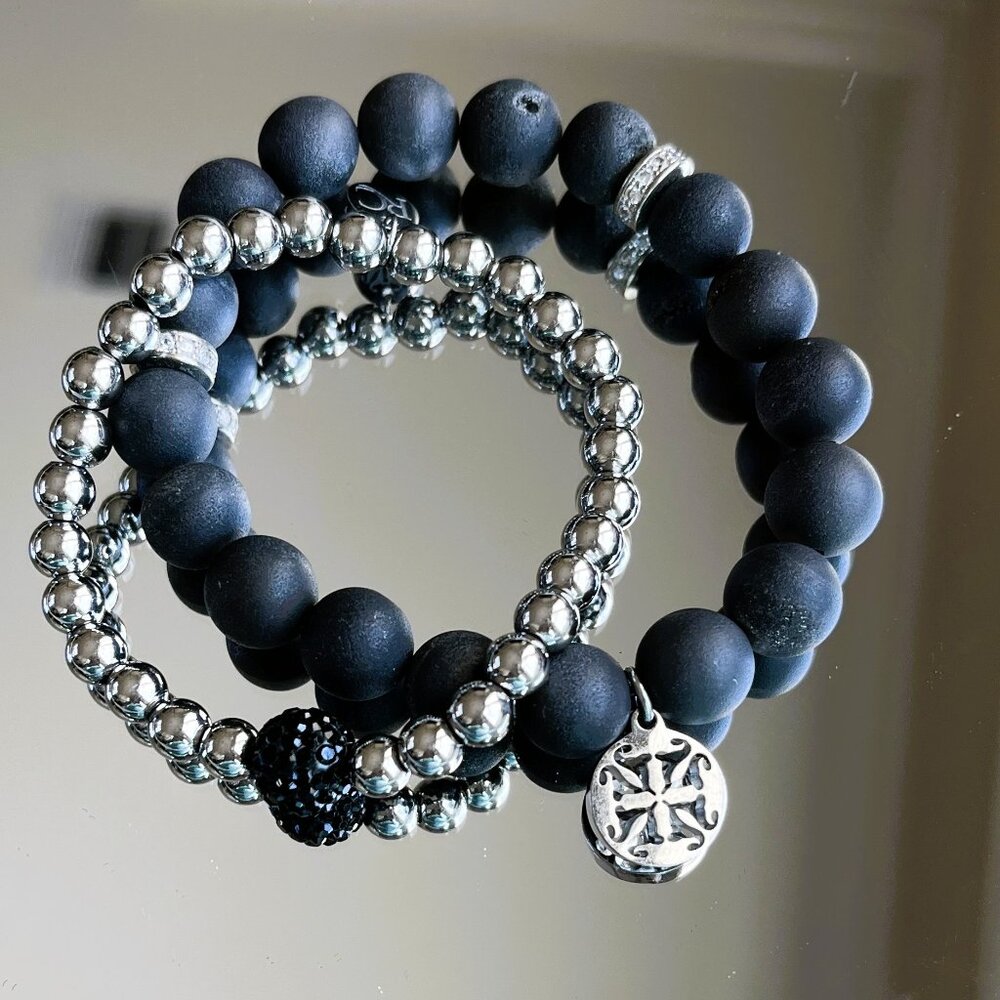Rustic Cuff Stackable Stretch Bracelet Set Black Druzy Agate and Stainless Beads